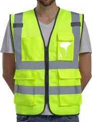 Dib Safety Vest Reflective ANSI Class 2, High Visibility Vest with Pockets and Zipper, Construction Work Vest Hi Vis Yellow S