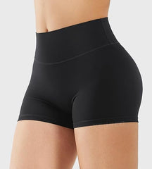 Black high-waisted shorts on a plain background