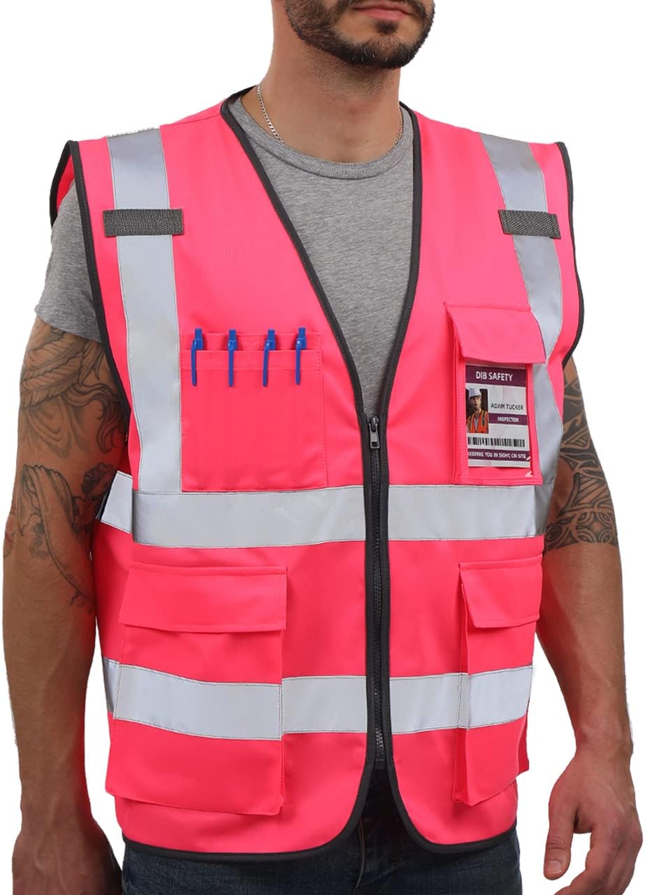 Dib Safety Vest Reflective ANSI Class 2, High Visibility Vest with Pockets and Zipper, Construction Work Vest Hi Vis Yellow S